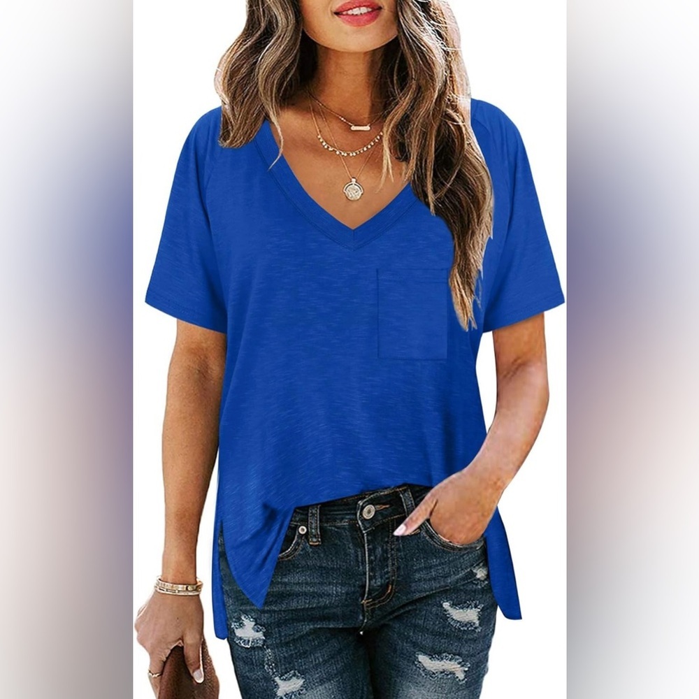 Women’s Blue V-Neck Short Sleeve T-Shirt Oversized Top Large